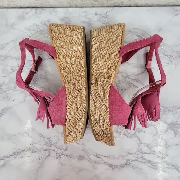 Minnetonka Pink Suede Fringe Platform Wedge Sandals Women's Size 9 - Picture 5 of 14